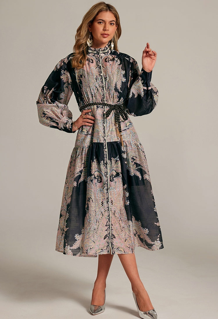 CM-DY032043 Women Elegant European Style Stand Collar Lantern Sleeve Belted Long Dress - Black