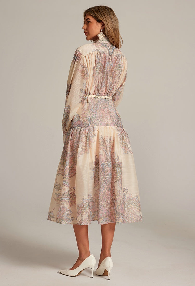 CM-DY032043 Women Elegant European Style Stand Collar Lantern Sleeve Belted Long Dress - Apricot
