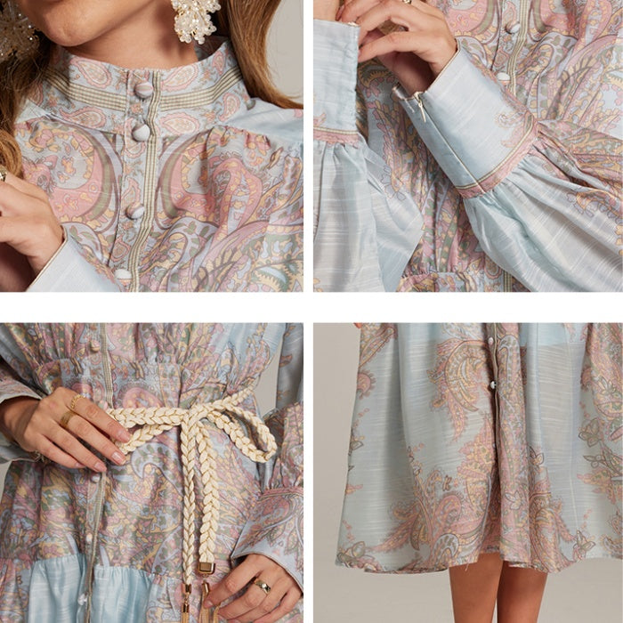 CM-DY032043 Women Elegant European Style Stand Collar Lantern Sleeve Belted Long Dress - Blue