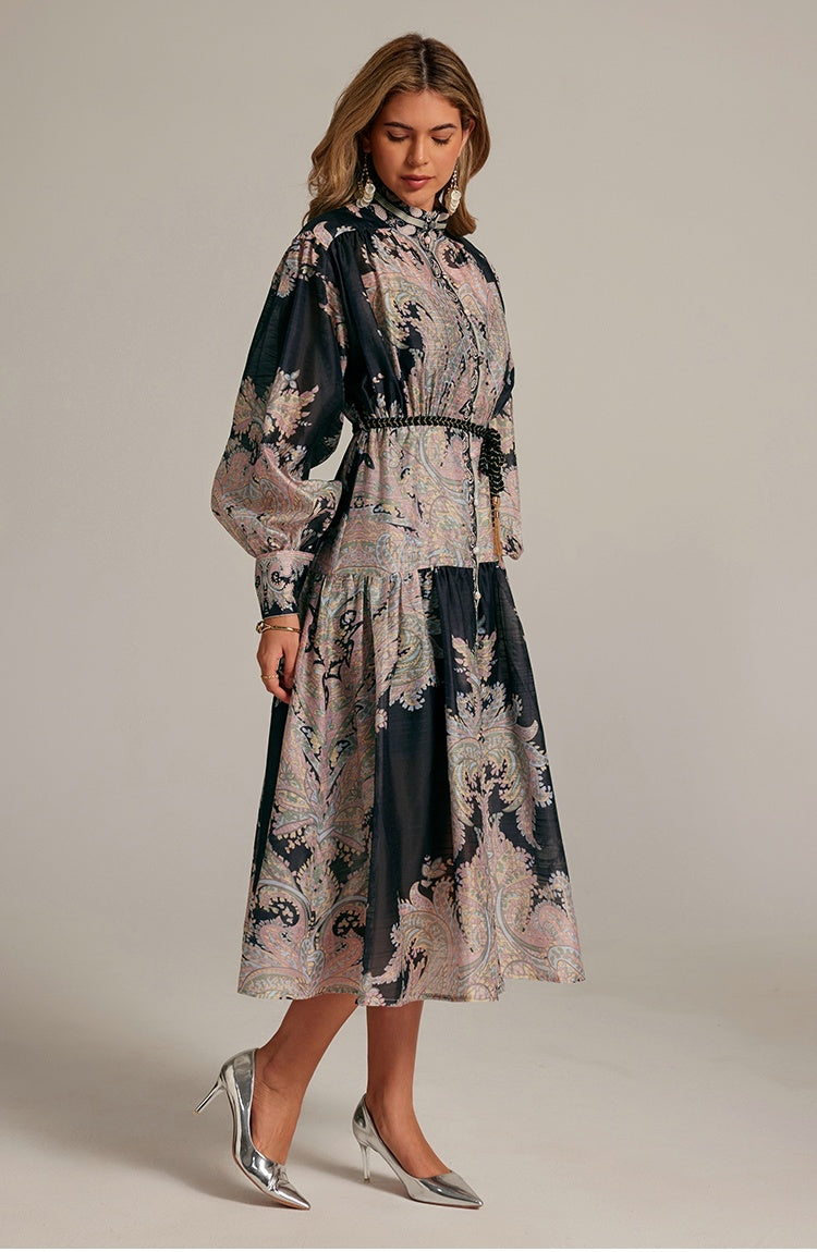 CM-DY032043 Women Elegant European Style Stand Collar Lantern Sleeve Belted Long Dress - Black