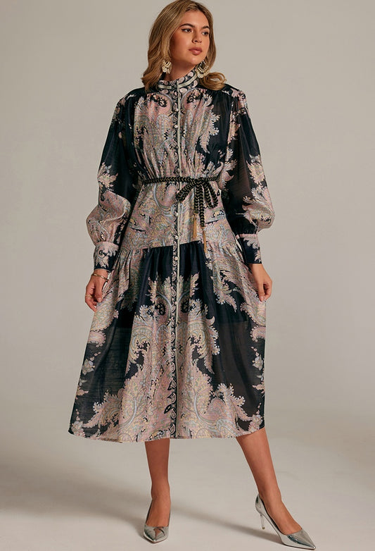 CM-DY032043 Women Elegant European Style Stand Collar Lantern Sleeve Belted Long Dress - Black