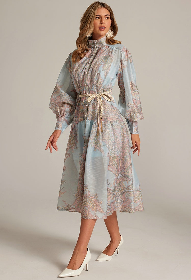 CM-DY032043 Women Elegant European Style Stand Collar Lantern Sleeve Belted Long Dress - Blue