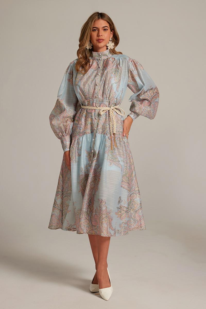 CM-DY032043 Women Elegant European Style Stand Collar Lantern Sleeve Belted Long Dress - Blue