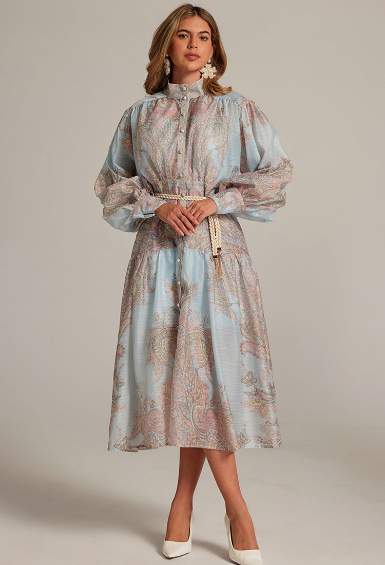 CM-DY032043 Women Elegant European Style Stand Collar Lantern Sleeve Belted Long Dress - Blue