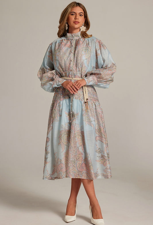 CM-DY032043 Women Elegant European Style Stand Collar Lantern Sleeve Belted Long Dress - Blue