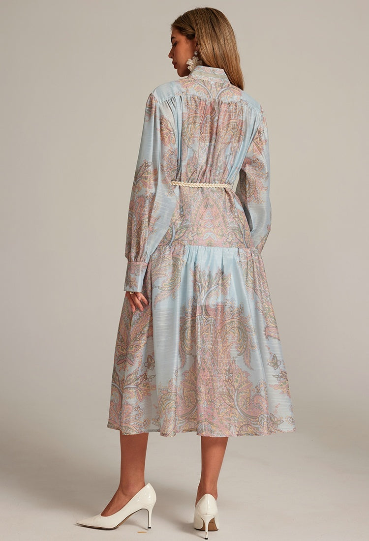 CM-DY032043 Women Elegant European Style Stand Collar Lantern Sleeve Belted Long Dress - Blue