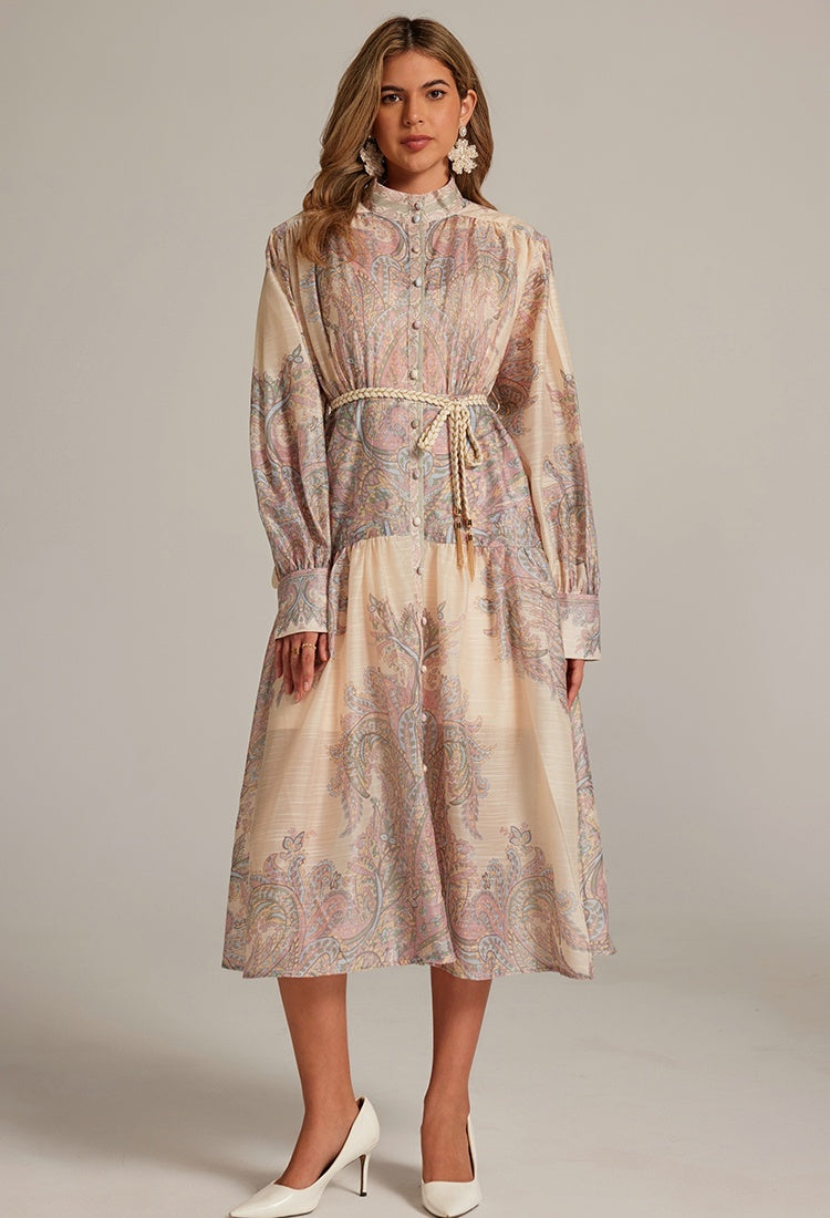 CM-DY032043 Women Elegant European Style Stand Collar Lantern Sleeve Belted Long Dress - Apricot