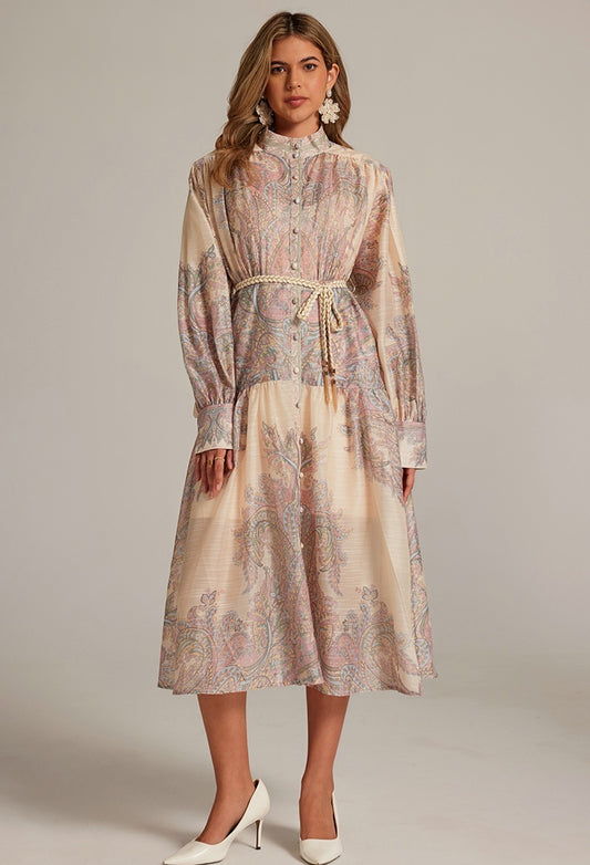 CM-DY032043 Women Elegant European Style Stand Collar Lantern Sleeve Belted Long Dress - Apricot