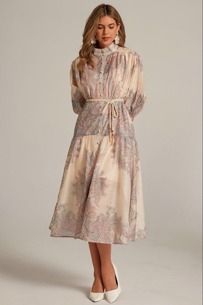CM-DY032043 Women Elegant European Style Stand Collar Lantern Sleeve Belted Long Dress - Apricot