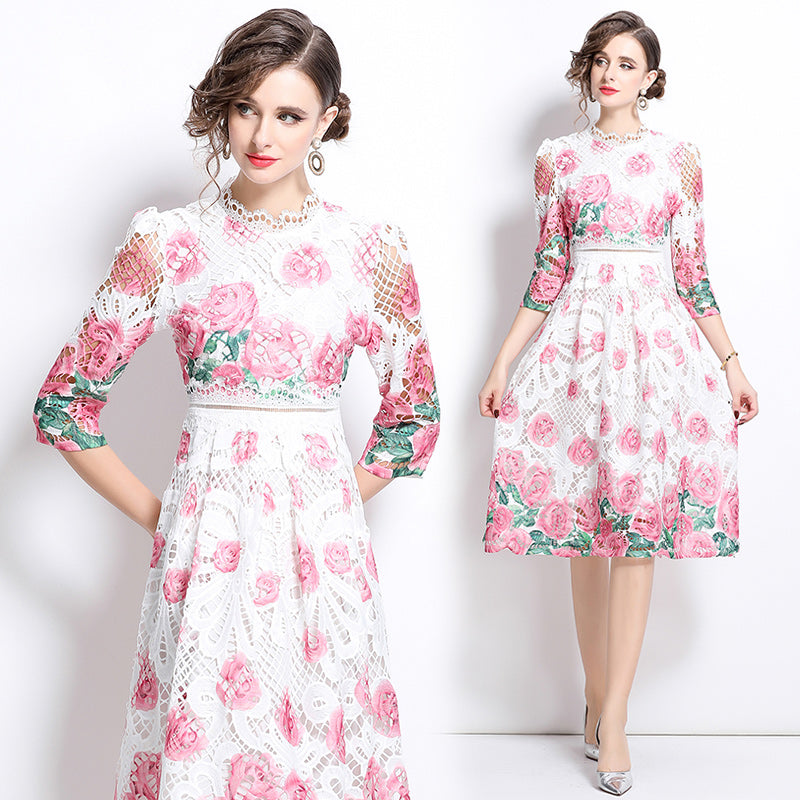 CM-DY032060 Women Elegant European Style Lace Hollow Out Stand Collar 3/4 Sleeve Mini Dress