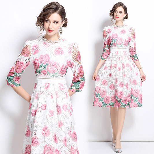 CM-DY032060 Women Elegant European Style Lace Hollow Out Stand Collar 3/4 Sleeve Mini Dress