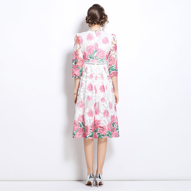 CM-DY032060 Women Elegant European Style Lace Hollow Out Stand Collar 3/4 Sleeve Mini Dress