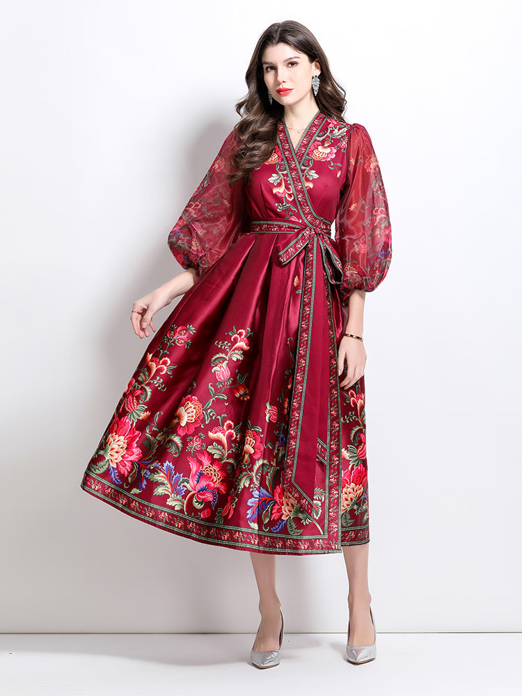 CM-DY032089 Women Elegant European Style Floral Print V-Neck Long Sleeve Satin Long Dress - Red