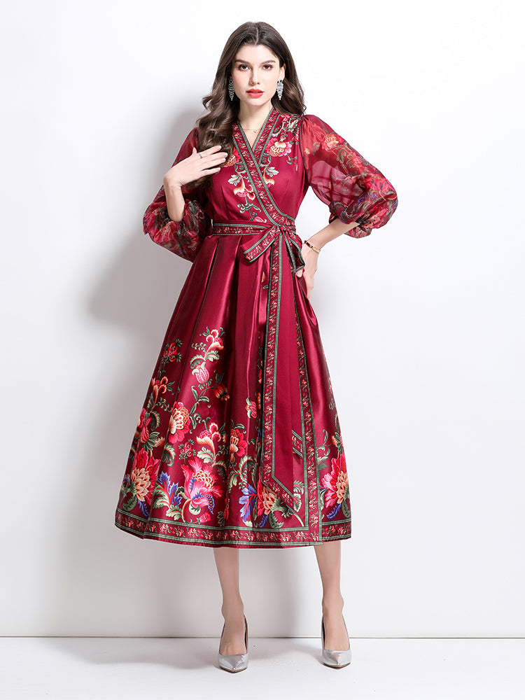 CM-DY032089 Women Elegant European Style Floral Print V-Neck Long Sleeve Satin Long Dress - Red