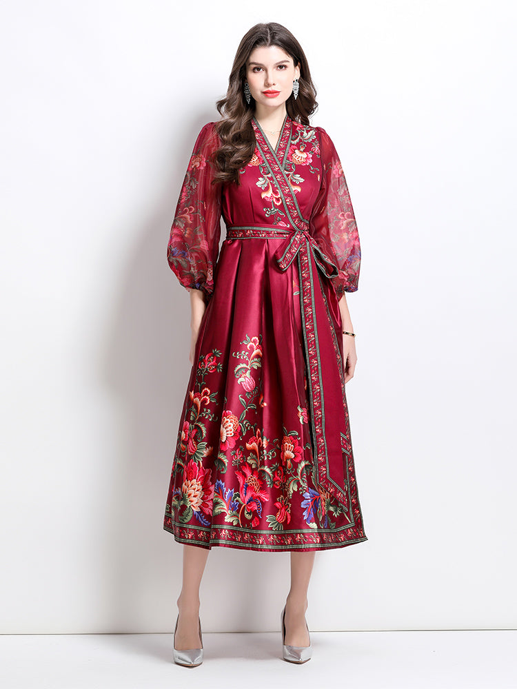 CM-DY032089 Women Elegant European Style Floral Print V-Neck Long Sleeve Satin Long Dress - Red