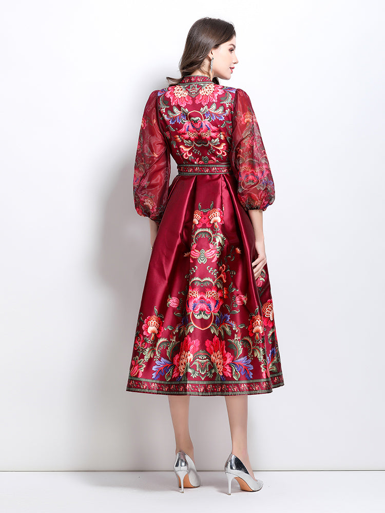 CM-DY032089 Women Elegant European Style Floral Print V-Neck Long Sleeve Satin Long Dress - Red