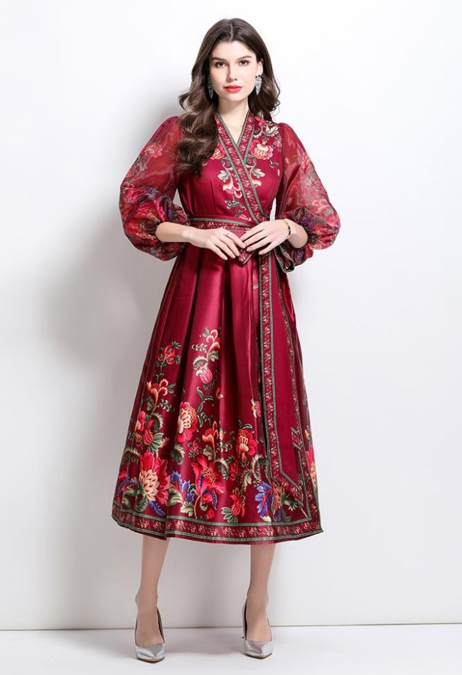 CM-DY032089 Women Elegant European Style Floral Print V-Neck Long Sleeve Satin Long Dress - Red