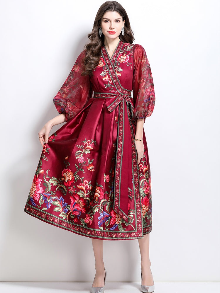 CM-DY032089 Women Elegant European Style Floral Print V-Neck Long Sleeve Satin Long Dress - Red