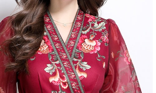 CM-DY032089 Women Elegant European Style Floral Print V-Neck Long Sleeve Satin Long Dress - Red