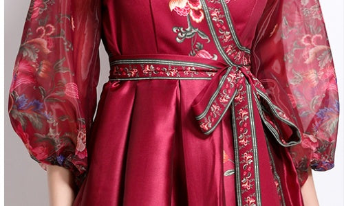 CM-DY032089 Women Elegant European Style Floral Print V-Neck Long Sleeve Satin Long Dress - Red