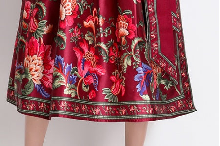 CM-DY032089 Women Elegant European Style Floral Print V-Neck Long Sleeve Satin Long Dress - Red