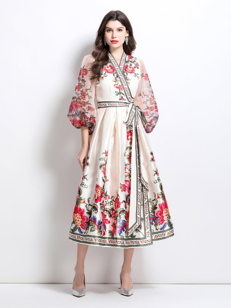 CM-DY032090 Women Elegant European Style Floral Print V-Neck Long Sleeve Satin Long Dress - Apricot
