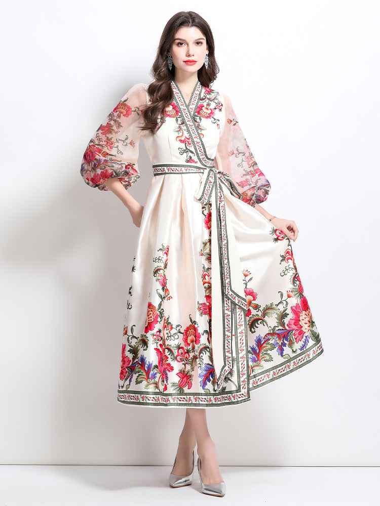 CM-DY032090 Women Elegant European Style Floral Print V-Neck Long Sleeve Satin Long Dress - Apricot