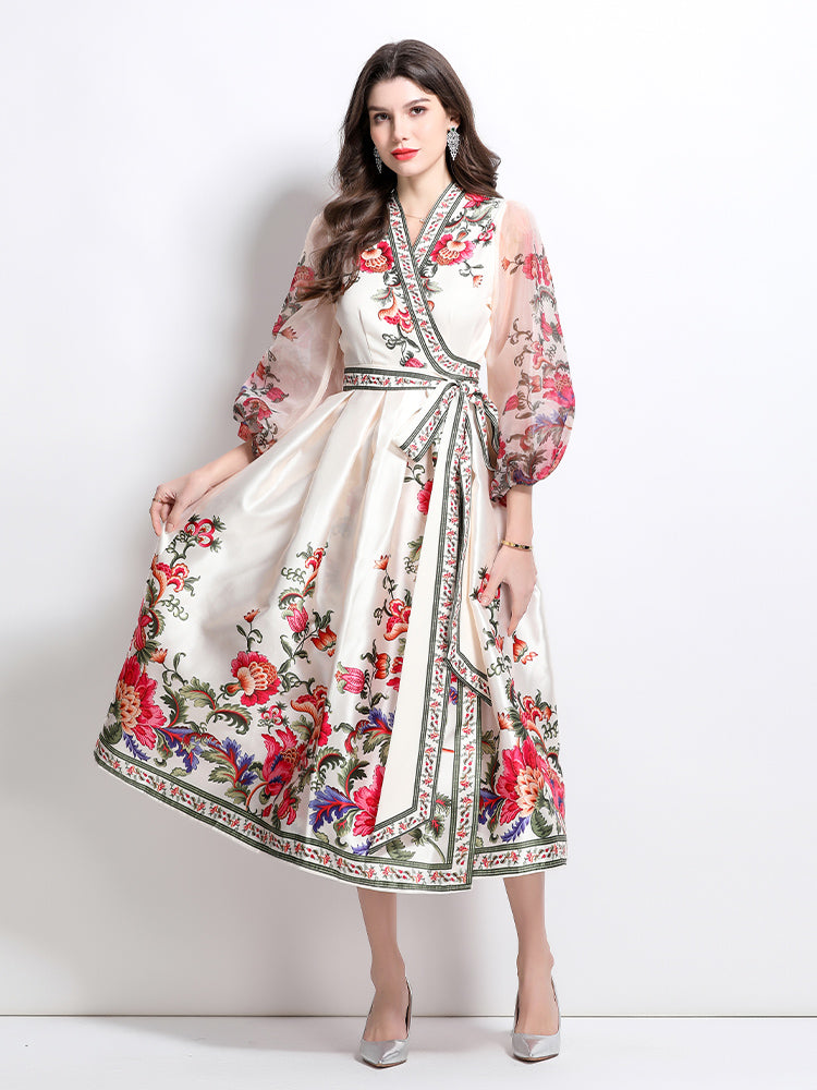 CM-DY032090 Women Elegant European Style Floral Print V-Neck Long Sleeve Satin Long Dress - Apricot
