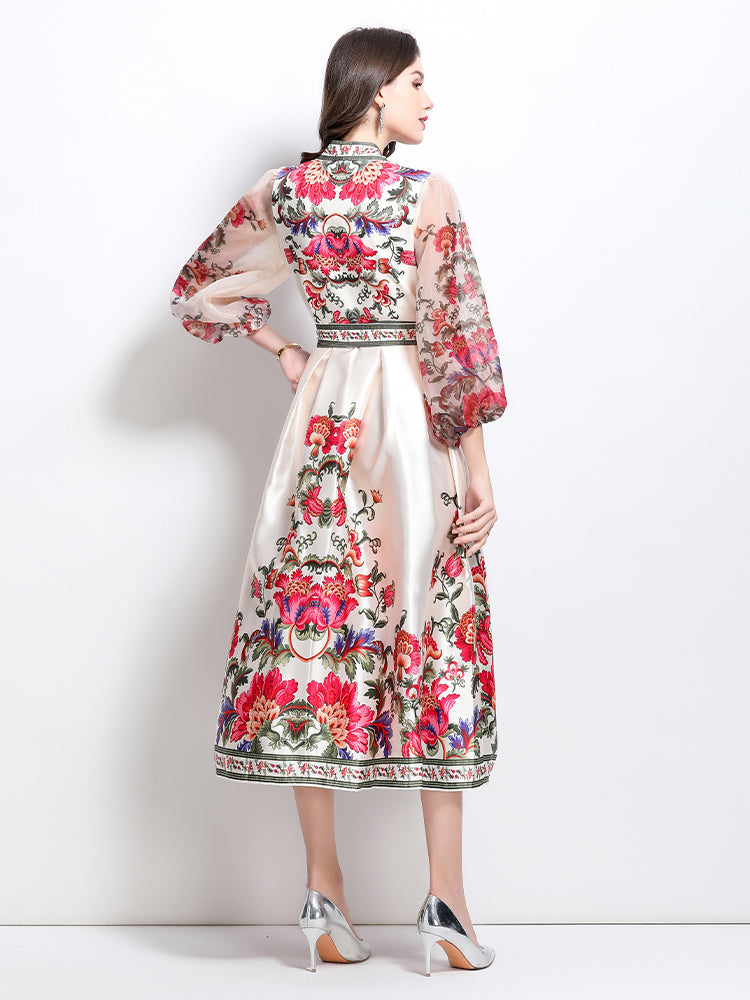 CM-DY032090 Women Elegant European Style Floral Print V-Neck Long Sleeve Satin Long Dress - Apricot