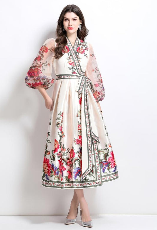 CM-DY032090 Women Elegant European Style Floral Print V-Neck Long Sleeve Satin Long Dress - Apricot