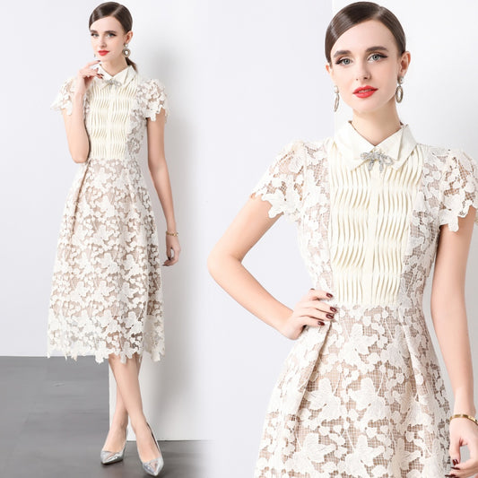 CM-DY032097 Women Elegant European Style Lace Bow Decor Collar Neckline Short Sleeve Slim Dress - Apricot
