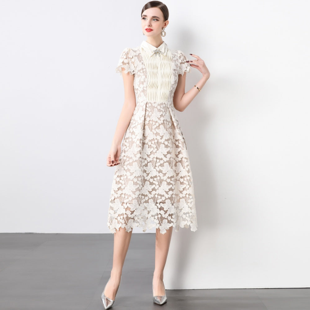 CM-DY032097 Women Elegant European Style Lace Bow Decor Collar Neckline  Short Sleeve Slim Dress - Apricot