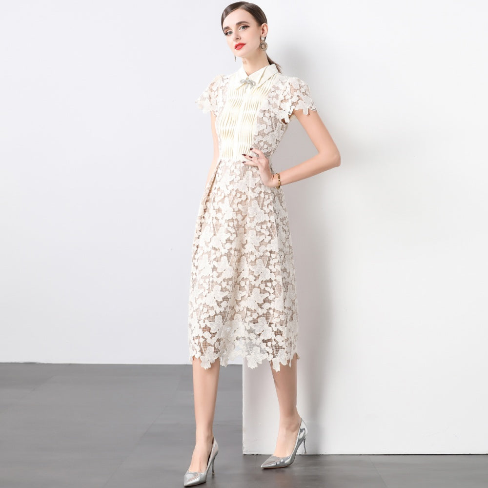 CM-DY032097 Women Elegant European Style Lace Bow Decor Collar Neckline  Short Sleeve Slim Dress - Apricot