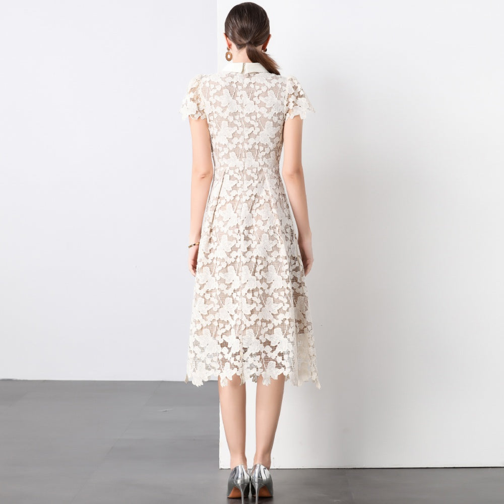 CM-DY032097 Women Elegant European Style Lace Bow Decor Collar Neckline  Short Sleeve Slim Dress - Apricot