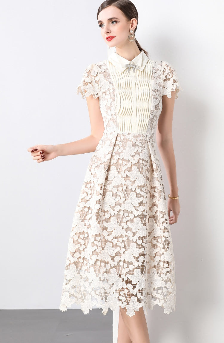 CM-DY032097 Women Elegant European Style Lace Bow Decor Collar Neckline  Short Sleeve Slim Dress - Apricot