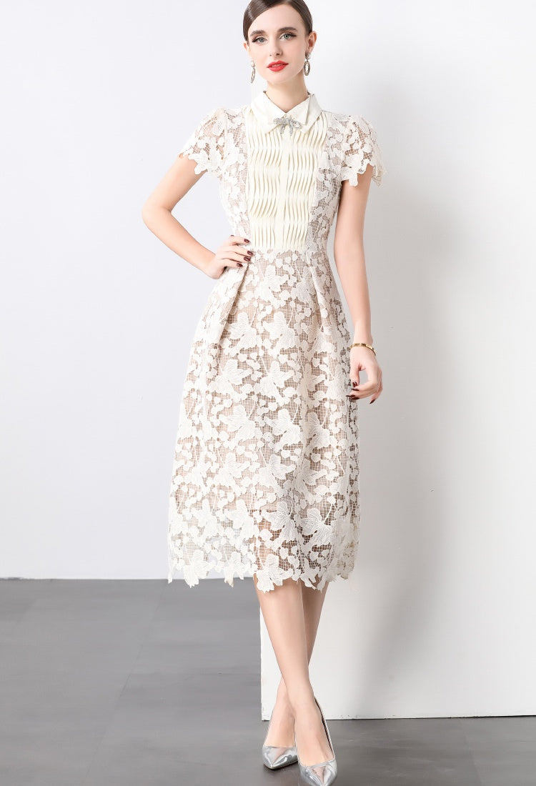 CM-DY032097 Women Elegant European Style Lace Bow Decor Collar Neckline  Short Sleeve Slim Dress - Apricot
