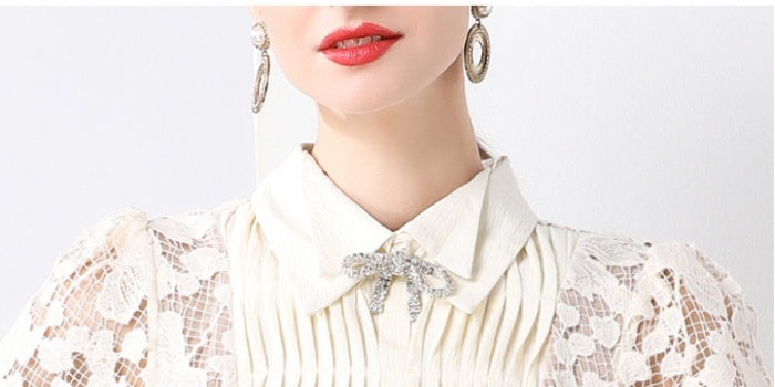 CM-DY032097 Women Elegant European Style Lace Bow Decor Collar Neckline  Short Sleeve Slim Dress - Apricot