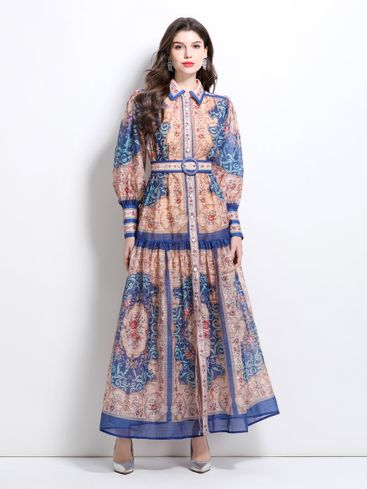 CM-DY032098 Women Elegant European Style Stand Collar Lantern Sleeve Single-Breasted Maxi Dress - Blue