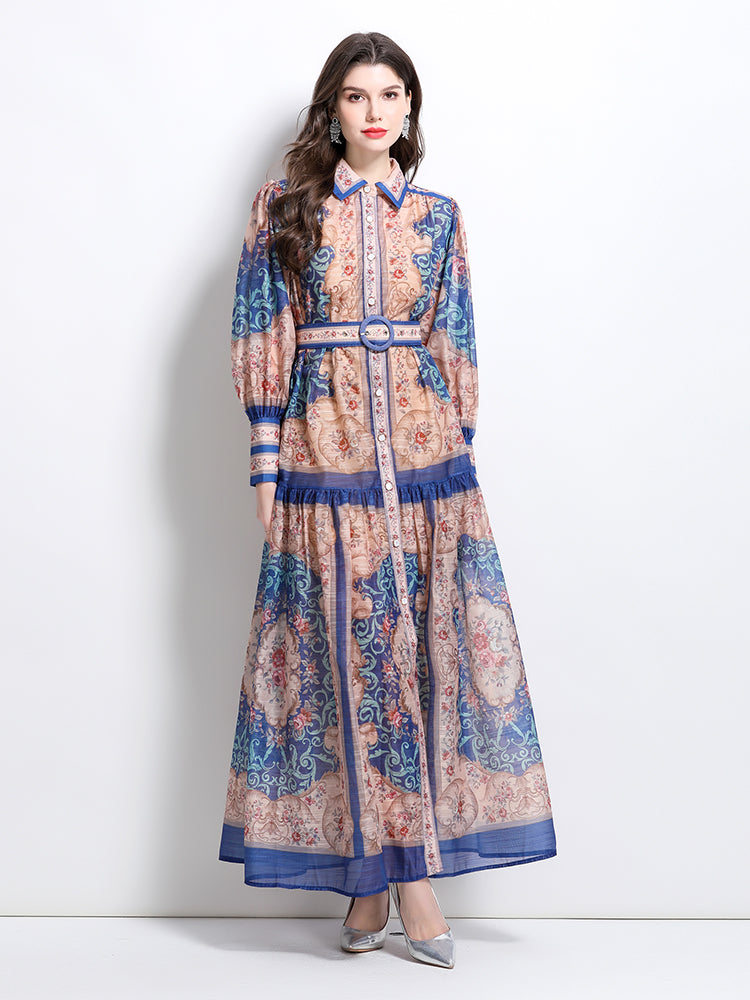 CM-DY032098 Women Elegant European Style Stand Collar Lantern Sleeve Single-Breasted Maxi Dress - Blue