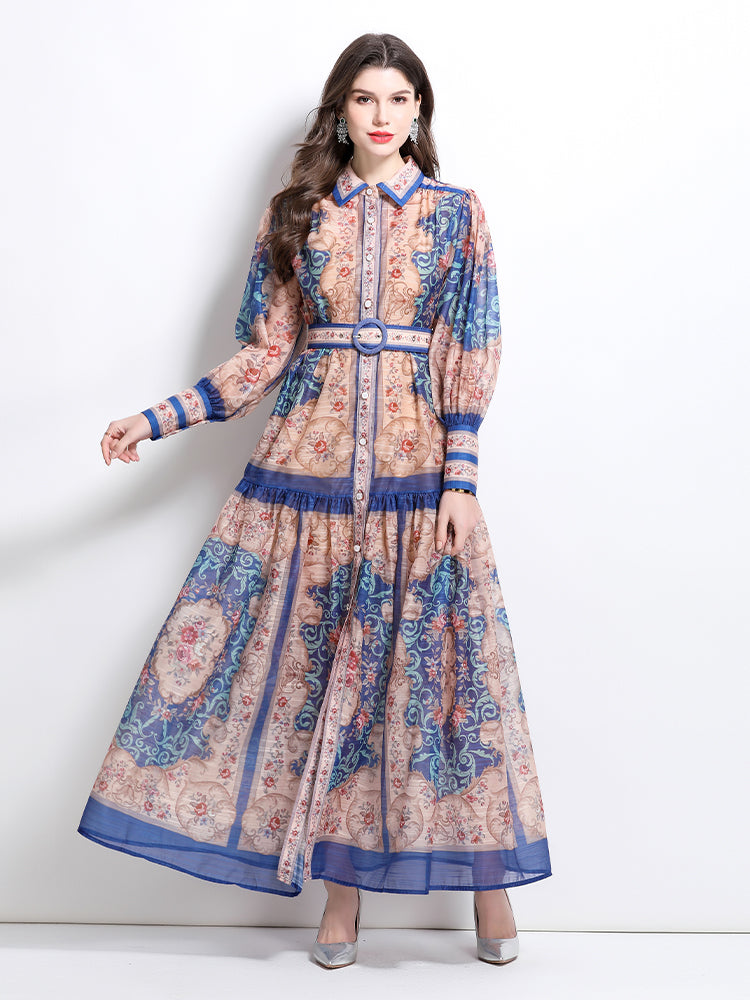 CM-DY032098 Women Elegant European Style Stand Collar Lantern Sleeve Single-Breasted Maxi Dress - Blue