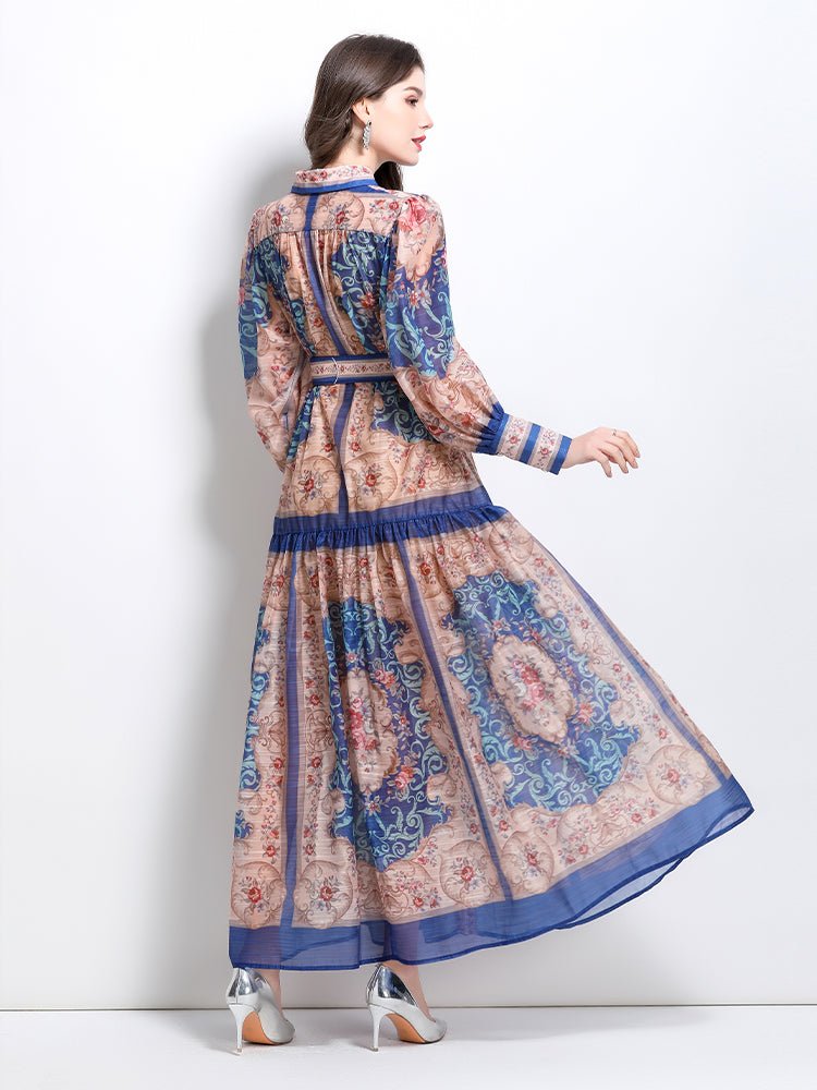 CM-DY032098 Women Elegant European Style Stand Collar Lantern Sleeve Single-Breasted Maxi Dress - Blue