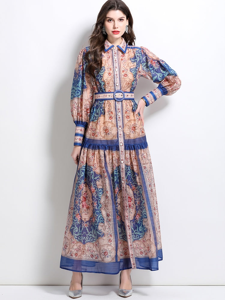 CM-DY032098 Women Elegant European Style Stand Collar Lantern Sleeve Single-Breasted Maxi Dress - Blue