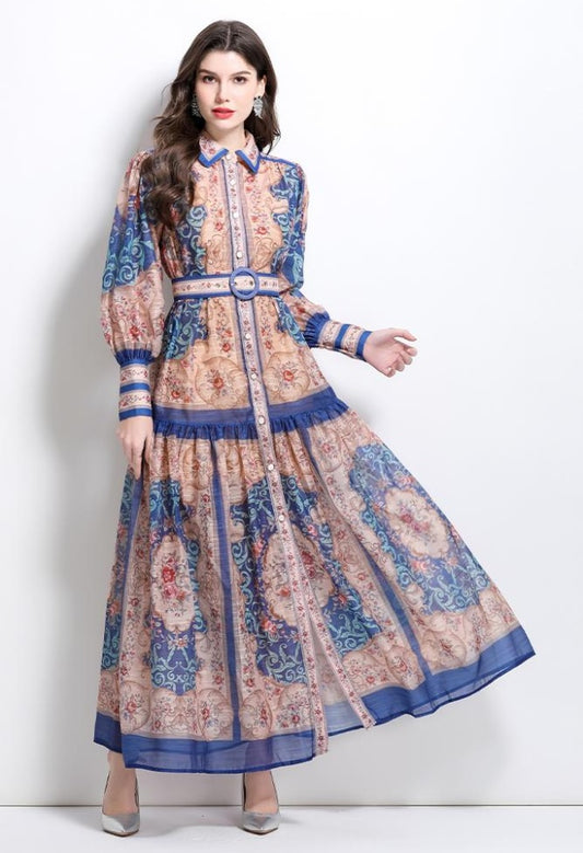 CM-DY032098 Women Elegant European Style Stand Collar Lantern Sleeve Single-Breasted Maxi Dress - Blue