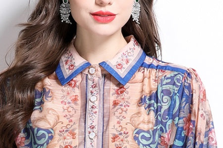 CM-DY032098 Women Elegant European Style Stand Collar Lantern Sleeve Single-Breasted Maxi Dress - Blue