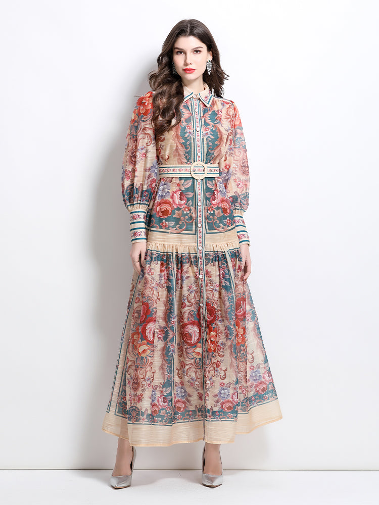 CM-DY032099 Women Elegant European Style Stand Collar Lantern Sleeve Single-Breasted Maxi Dress - Green