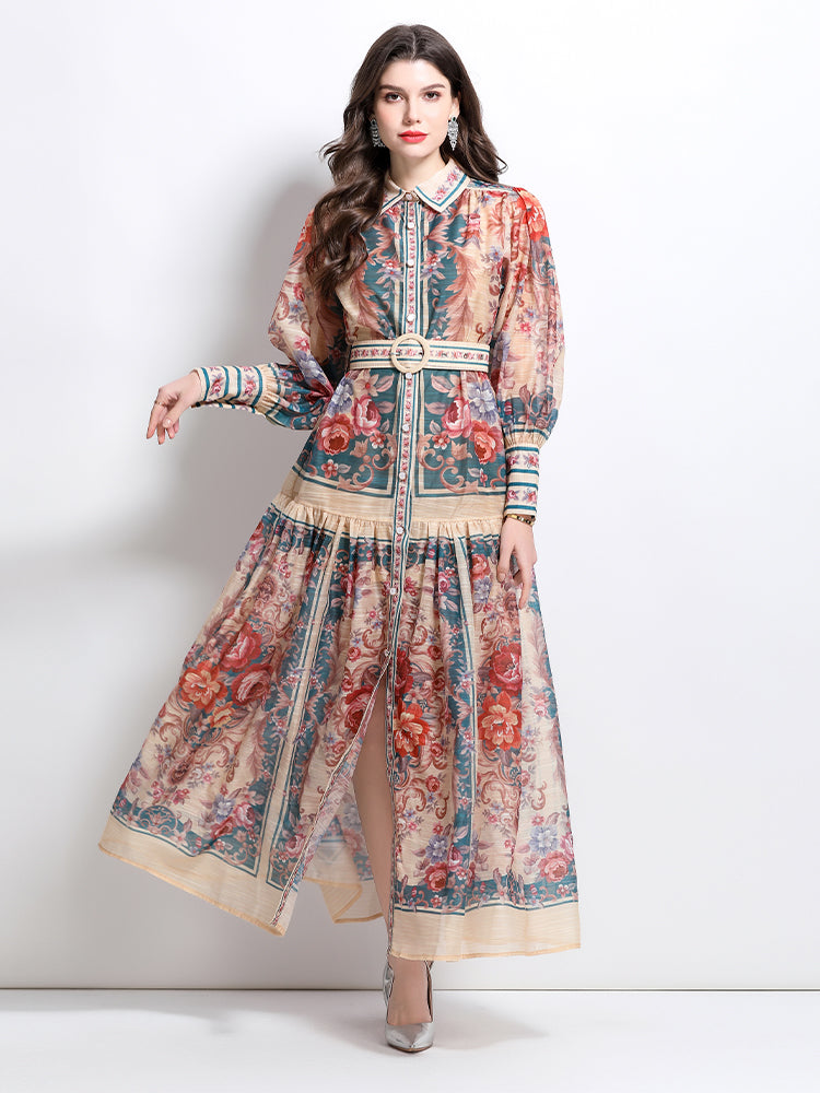 CM-DY032099 Women Elegant European Style Stand Collar Lantern Sleeve Single-Breasted Maxi Dress - Green