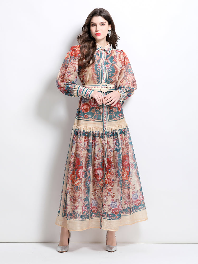 CM-DY032099 Women Elegant European Style Stand Collar Lantern Sleeve Single-Breasted Maxi Dress - Green