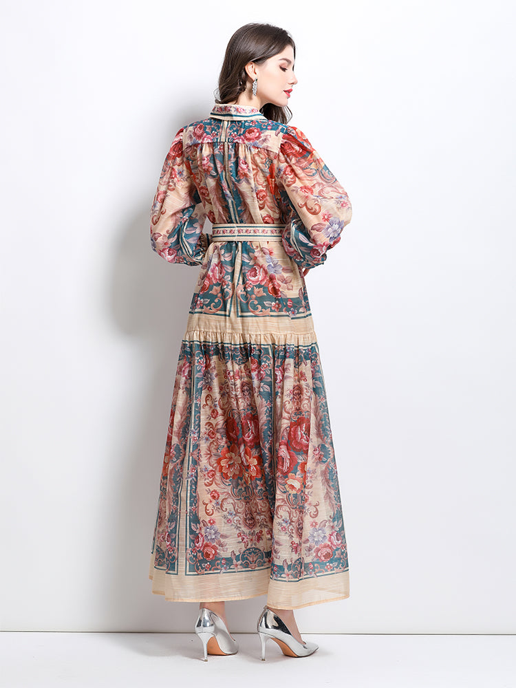 CM-DY032099 Women Elegant European Style Stand Collar Lantern Sleeve Single-Breasted Maxi Dress - Green