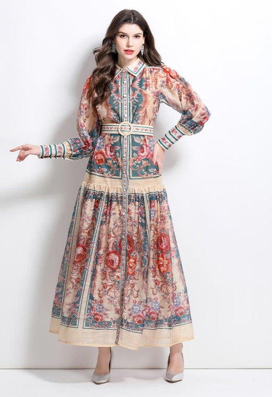 CM-DY032099 Women Elegant European Style Stand Collar Lantern Sleeve Single-Breasted Maxi Dress - Green