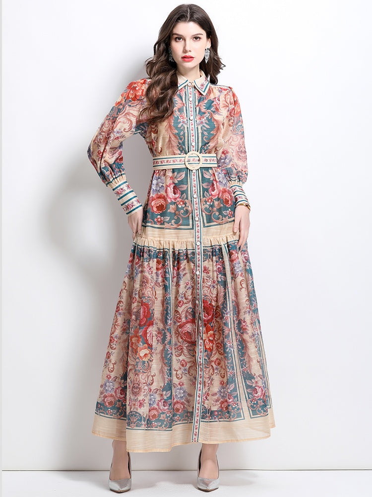 CM-DY032099 Women Elegant European Style Stand Collar Lantern Sleeve Single-Breasted Maxi Dress - Green